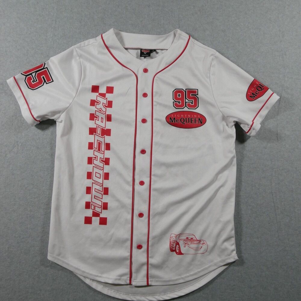 Disney Pixar Cars Lightning McQueen 95 Baseball Jersey Mens M White Racing